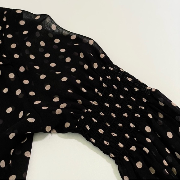 Nicholas Sheer Silk Polka Dot Smocked Tie Front Cropped Blouse Black Small - Picture 13 of 16